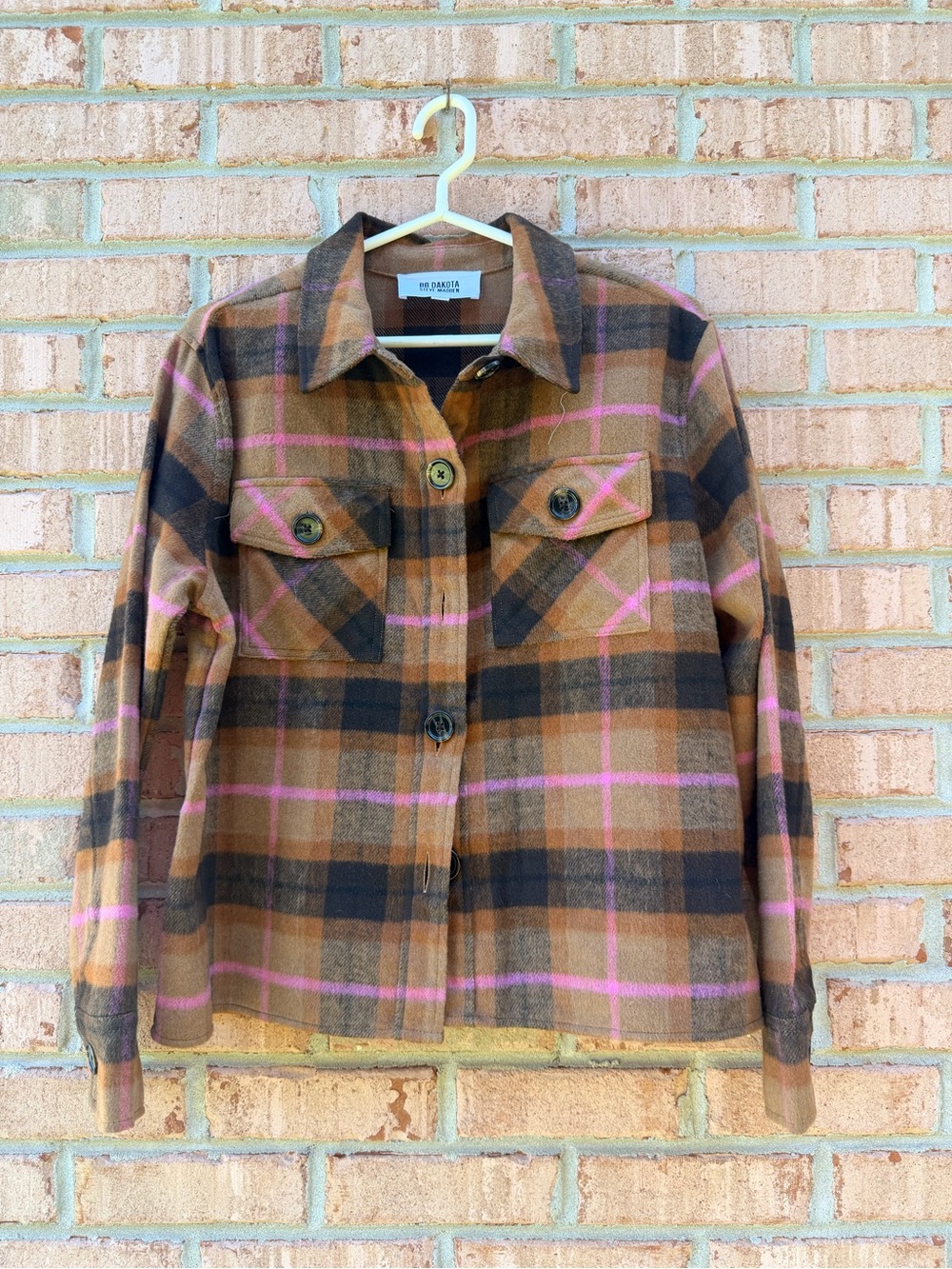 BB Dakota Brown Plaid Button-Up Shacket with Pink Accents